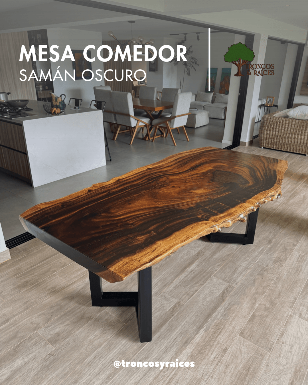 Mesa irregular de samán para 6 puestos