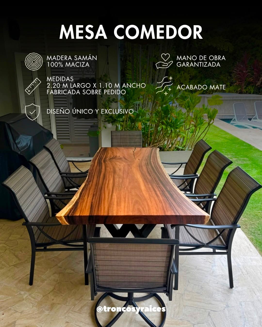 Mesa rectangular de samán para 8 puestos